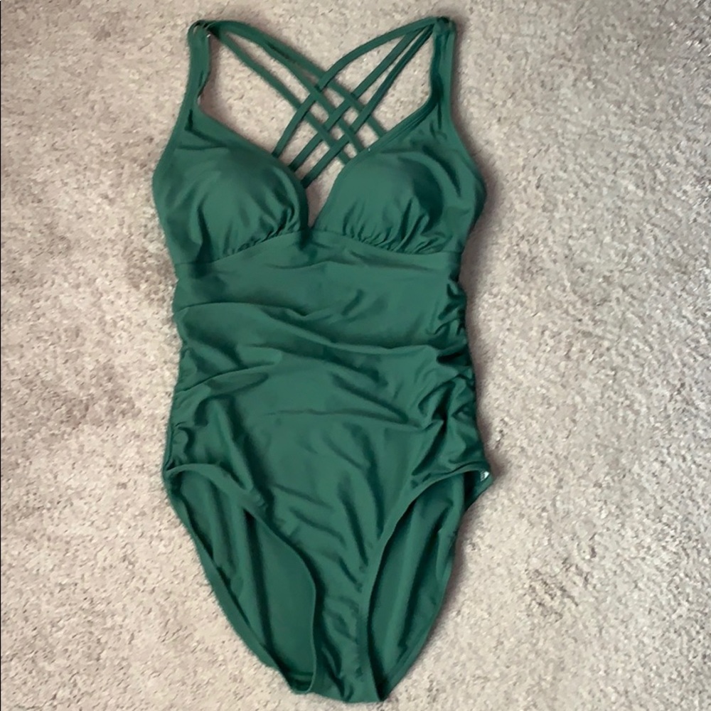 Green crisscross back one piece swimsuit